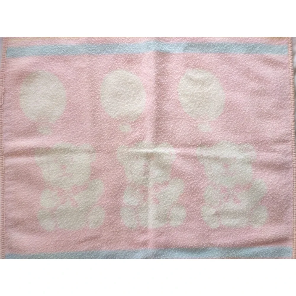 Vintage Beacon Pink White Teddy Bear Balloon Baby Blanket Pastel Stripe WPL 1675